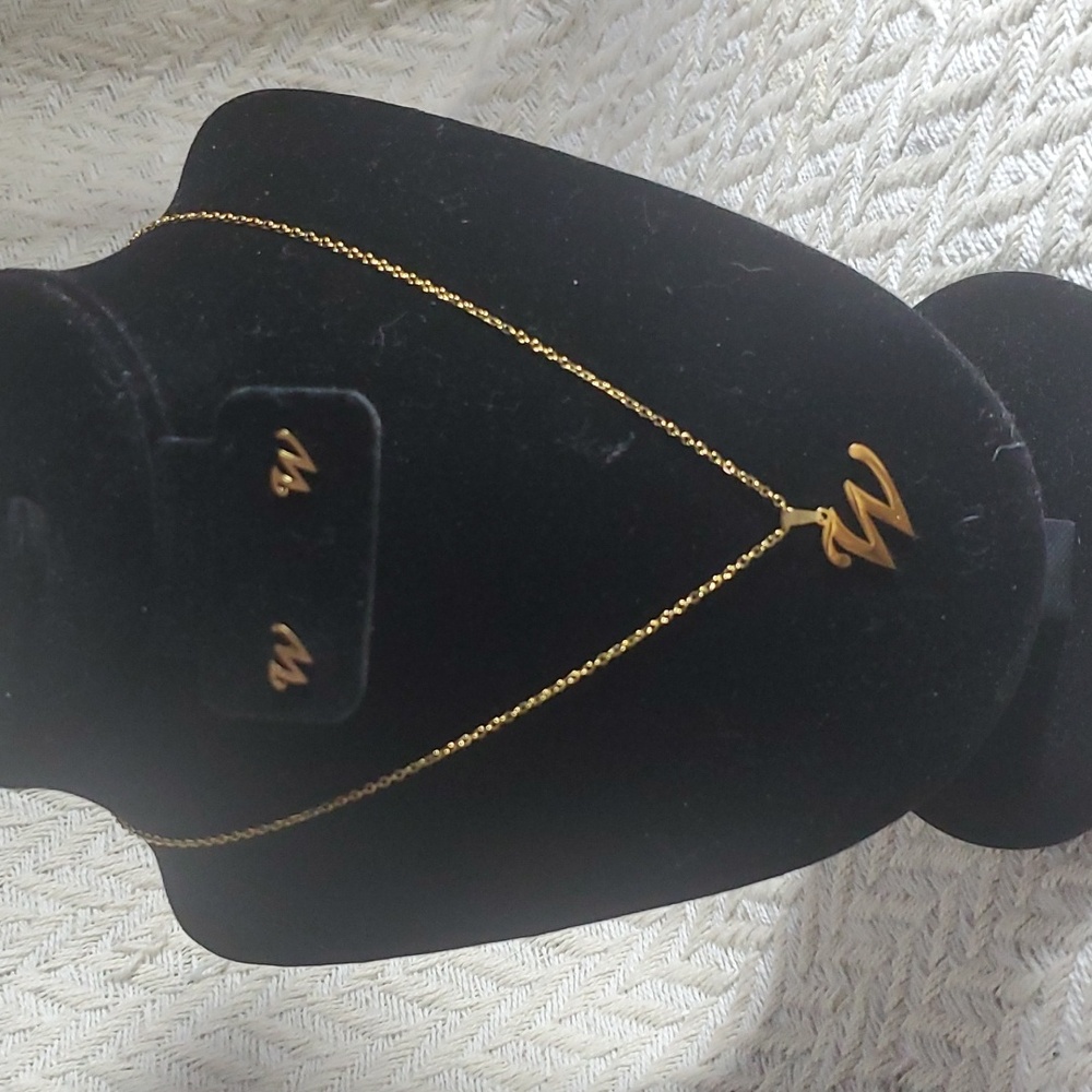 Stainless Steel Gold Tone Letter W Necklace and Earrings Set